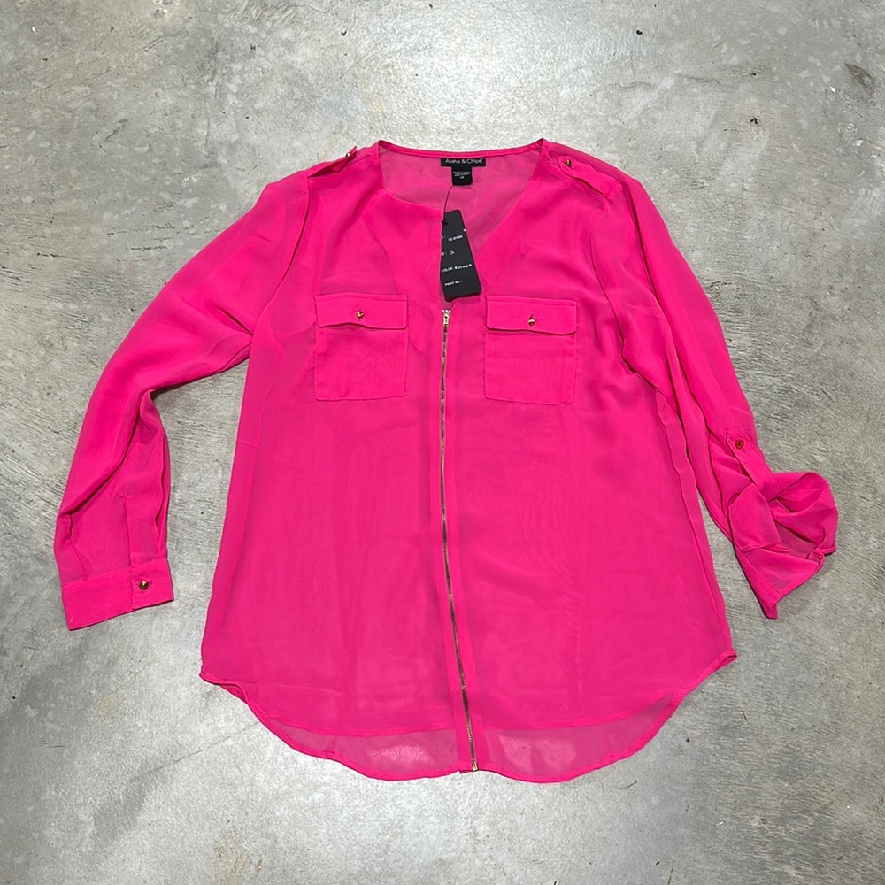 Alisha & Chloe pink sheer zipper front top - NWT / Size 1X /‎  V-53
